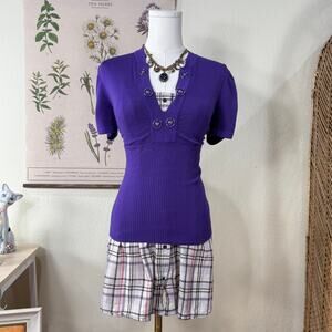 Vtg 90s Y2k Purple Ribbed Knit Short Sleeve Babydoll Top Whimsy Twee Preppy S M